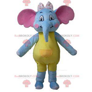 Mascotte elefante blu giallo e rosa attraente e colorato -