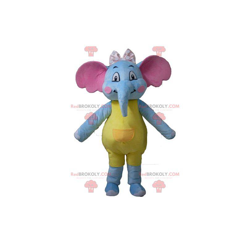 Mascotte elefante blu giallo e rosa attraente e colorato -