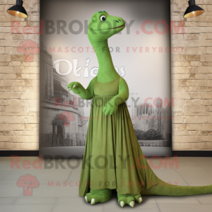 Olive Diplodocus mascot costume character dressed with a Empire Waist Dress and Wraps