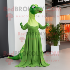 Olive Diplodocus mascot costume character dressed with a Empire Waist Dress and Wraps