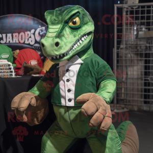 Green Allosaurus mascot costume character dressed with a Oxford Shirt and Coin purses