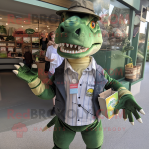 Green Allosaurus mascot costume character dressed with a Oxford Shirt and Coin purses