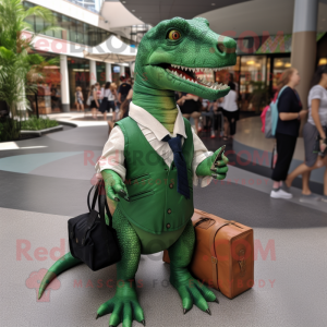 Green Allosaurus mascot costume character dressed with a Oxford Shirt and Coin purses
