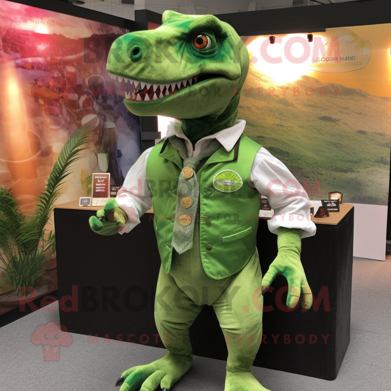 Green Allosaurus mascot costume character dressed with a Oxford Shirt and Coin purses