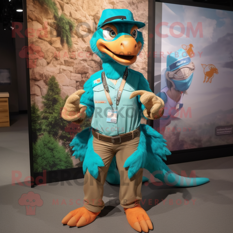 Turquoise Deinonychus mascot costume character dressed with a Cargo Pants and Hair clips Turquoise Deinonychus mascot costume character dressed with a Cargo Pants and Hair clips