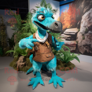 Turquoise Deinonychus mascot costume character dressed with a Cargo Pants and Hair clips