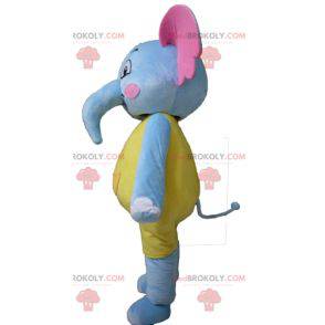 Mascotte elefante blu giallo e rosa attraente e colorato -