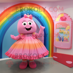 Pink Rainbow mascot costume character dressed with a A-Line Dress and Hairpins