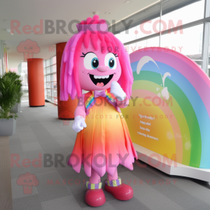 Pink Rainbow mascot costume character dressed with a A-Line Dress and Hairpins