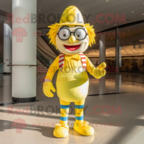 Lemon Yellow Clown mascot costume character dressed with a Skinny Jeans and Sunglasses