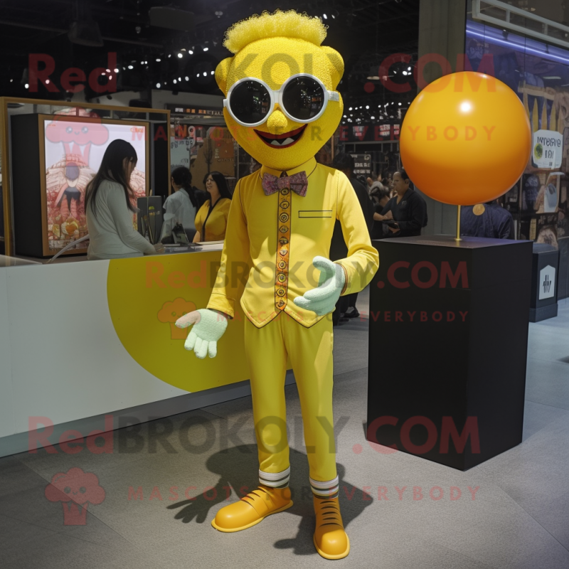 Lemon Yellow Clown mascot costume character dressed with a Skinny Jeans and Sunglasses