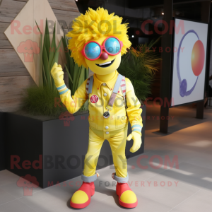 Lemon Yellow Clown mascot costume character dressed with a Skinny Jeans and Sunglasses