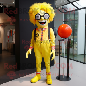 Lemon Yellow Clown mascot costume character dressed with a Skinny Jeans and Sunglasses