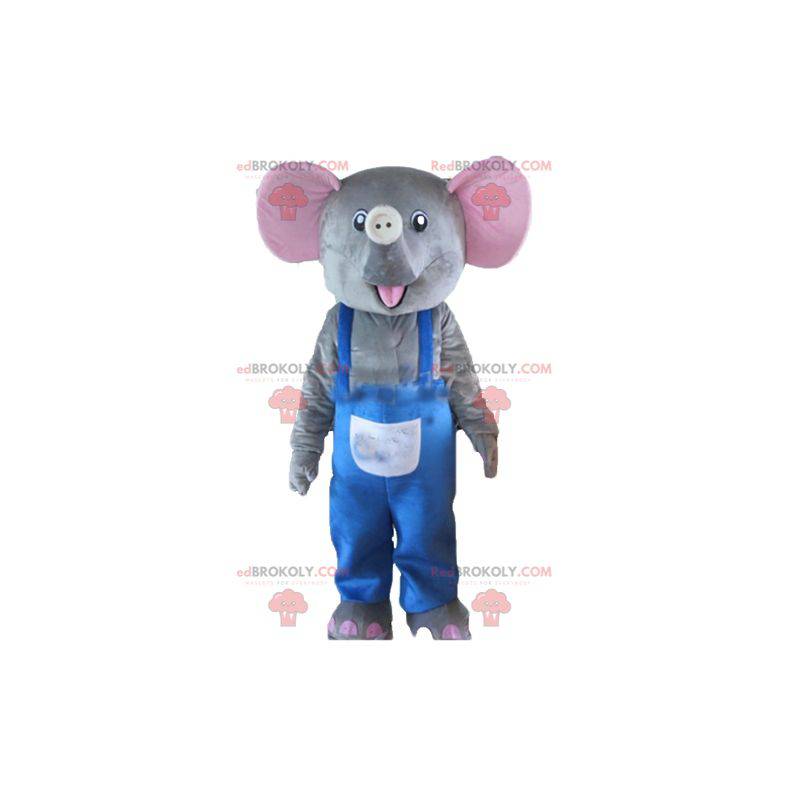 Gray and pink elephant mascot with blue overalls -