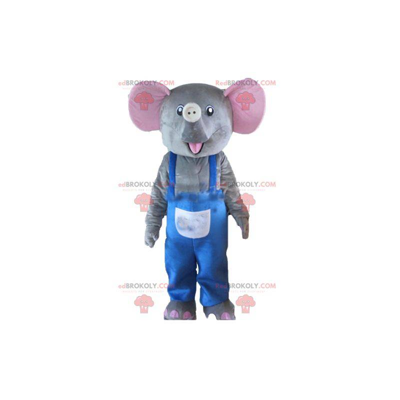 Mascote elefante cinza e rosa com macacão azul - Redbrokoly.com