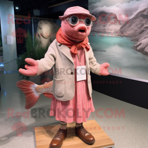 Pink Salmon mascot costume character dressed with a Dress Shirt and Shawl pins