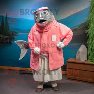 Pink Salmon mascot costume character dressed with a Dress Shirt and Shawl pins
