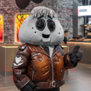 Gray Potato mascot costume character dressed with a Leather Jacket and Brooches