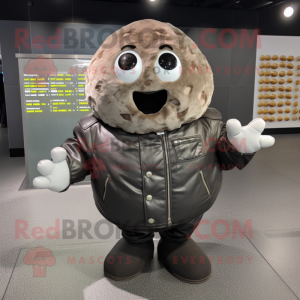 Gray Potato mascot costume character dressed with a Leather Jacket and Brooches