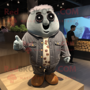 Gray Potato mascot costume character dressed with a Leather Jacket and Brooches