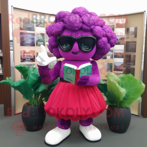 Magenta Cauliflower mascot costume character dressed with a Empire Waist Dress and Reading glasses