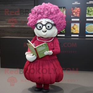 Magenta Cauliflower mascot costume character dressed with a Empire Waist Dress and Reading glasses
