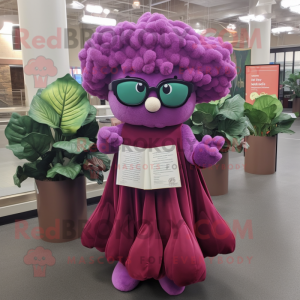 Magenta Cauliflower mascot costume character dressed with a Empire Waist Dress and Reading glasses