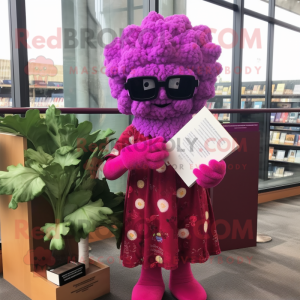 Magenta Cauliflower mascot costume character dressed with a Empire Waist Dress and Reading glasses