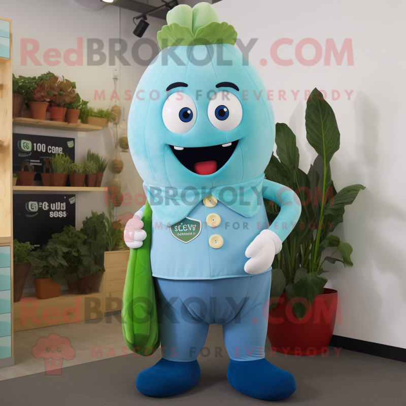 Sky Blue Celery mascot costume character dressed with a Waistcoat and Belts