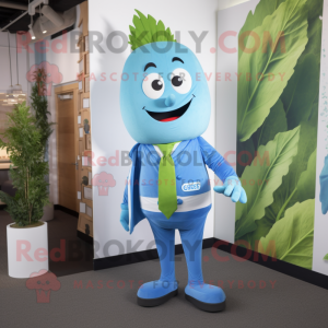 Sky Blue Celery mascot costume character dressed with a Waistcoat and Belts