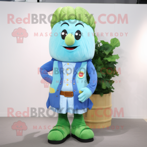 Sky Blue Celery mascot costume character dressed with a Waistcoat and Belts