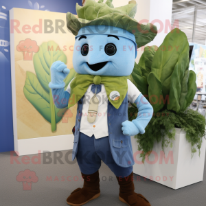Sky Blue Celery mascot costume character dressed with a Waistcoat and Belts