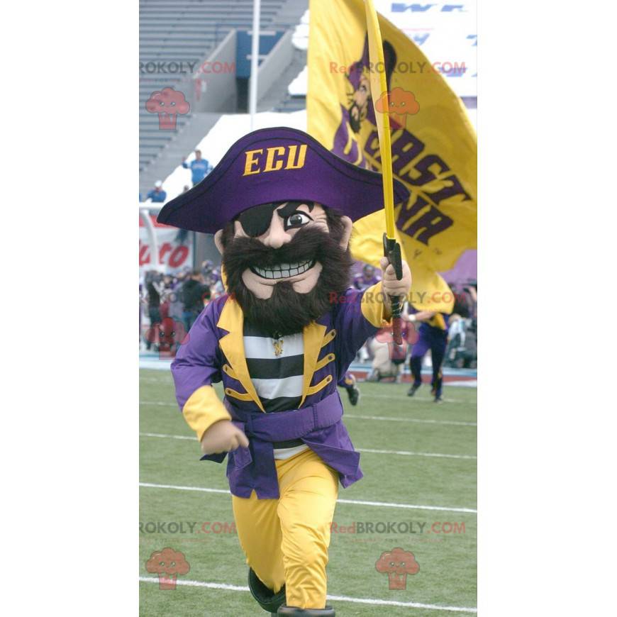 Pirate mascot in traditional yellow and purple outfit -