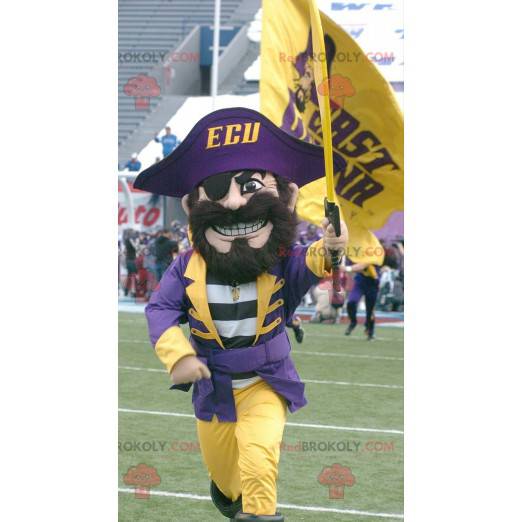 Pirate mascot in traditional yellow and purple outfit -