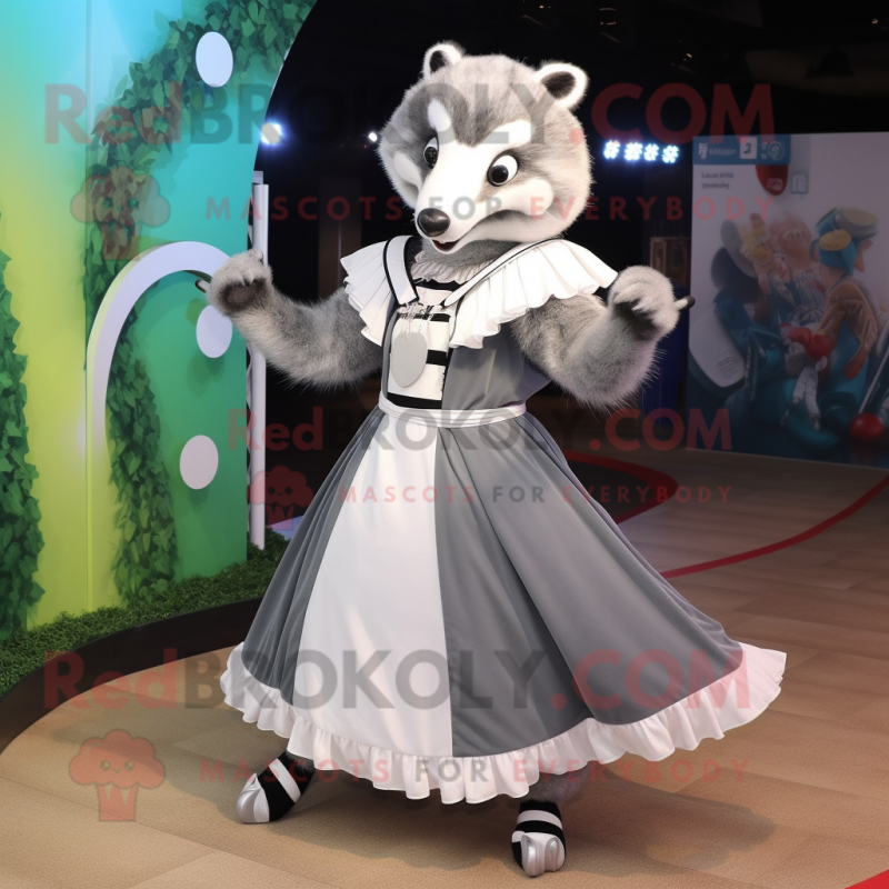 Gray Badger mascot costume character dressed with a Circle Skirt and Anklets