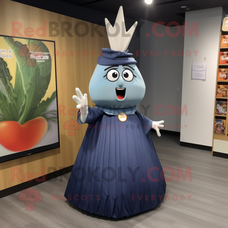 Navy Onion mascot costume character dressed with a Midi Dress and Shawls Navy Onion mascot costume character dressed with a Midi Dress and Shawls