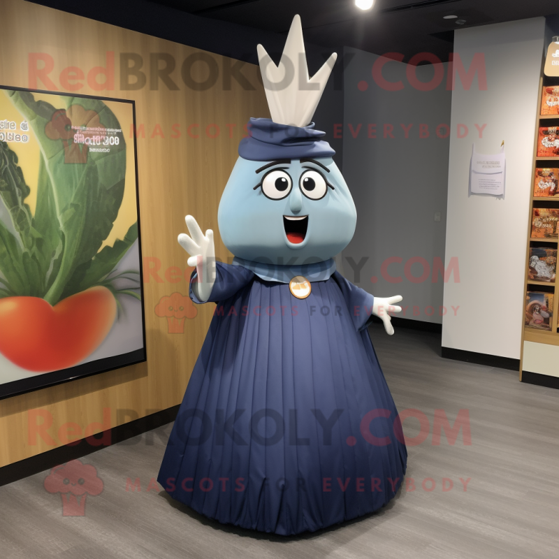 Navy Onion mascot costume character dressed with a Midi Dress and Shawls