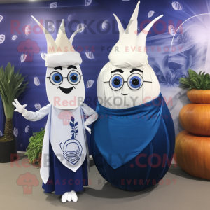 Navy Onion mascot costume character dressed with a Midi Dress and Shawls