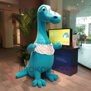 Cyan Brachiosaurus mascot costume character dressed with a Polo Shirt and Shawls