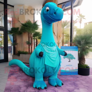 Cyan Brachiosaurus mascot costume character dressed with a Polo Shirt and Shawls