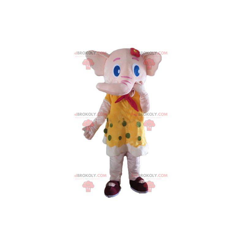 Pink elephant mascot in yellow dress with green polka dots -