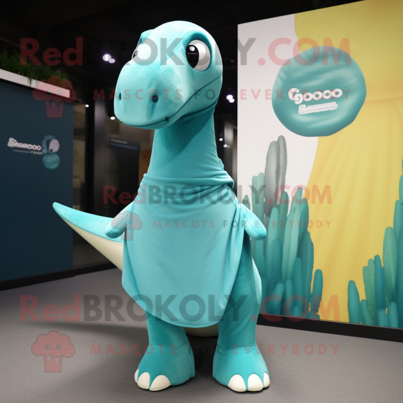 Cyan Brachiosaurus mascot costume character dressed with a Polo Shirt and Shawls Cyan Brachiosaurus mascot costume character dressed with a Polo Shirt and Shawls