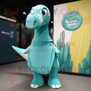 Cyan Brachiosaurus mascot costume character dressed with a Polo Shirt and Shawls