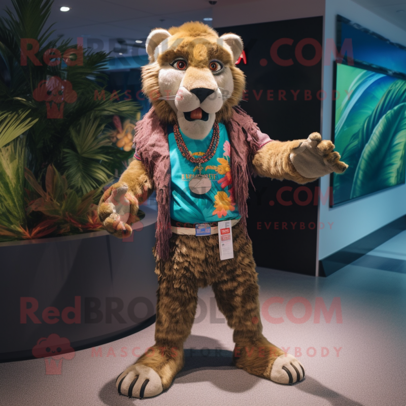 nan Smilodon mascot costume character dressed with a Bermuda Shorts and Rings nan Smilodon mascot costume character dressed with a Bermuda Shorts and Rings