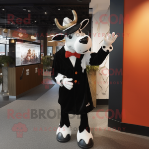 Rust Holstein Cow mascot costume character dressed with a Tuxedo and Gloves