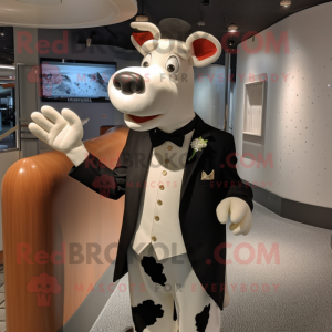 Rust Holstein Cow mascot costume character dressed with a Tuxedo and Gloves