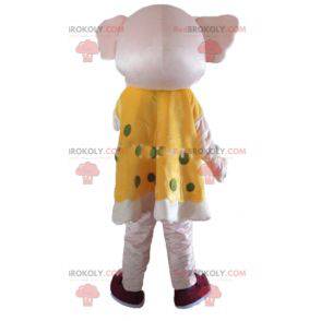 Mascota elefante rosa en vestido amarillo con lunares verdes -