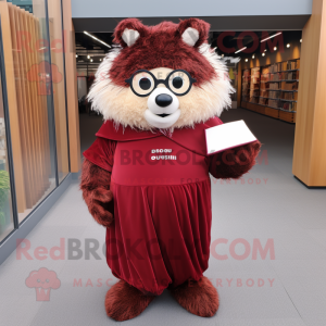 Maroon Hedgehog mascot costume character dressed with a Wrap Dress and Reading glasses