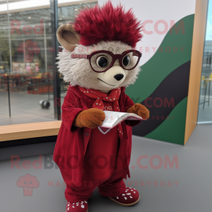 Maroon Hedgehog mascot costume character dressed with a Wrap Dress and Reading glasses