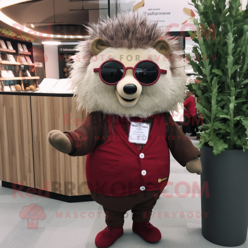Maroon Hedgehog mascot costume character dressed with a Wrap Dress and Reading glasses Maroon Hedgehog mascot costume character dressed with a Wrap Dress and Reading glasses